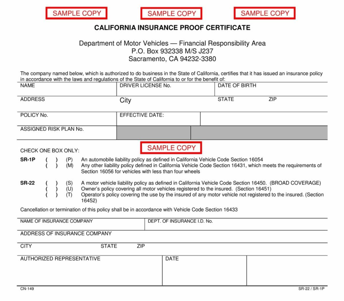 Formulario de muestra SR-22 de California